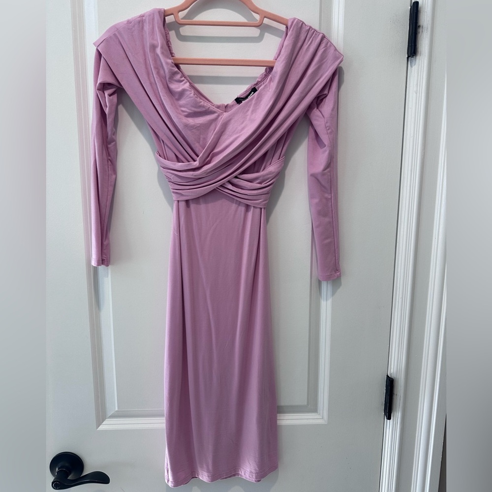 FASHION NOVA Elegant Lilac Draped Long-Sleeve Midi Dress Size Small
